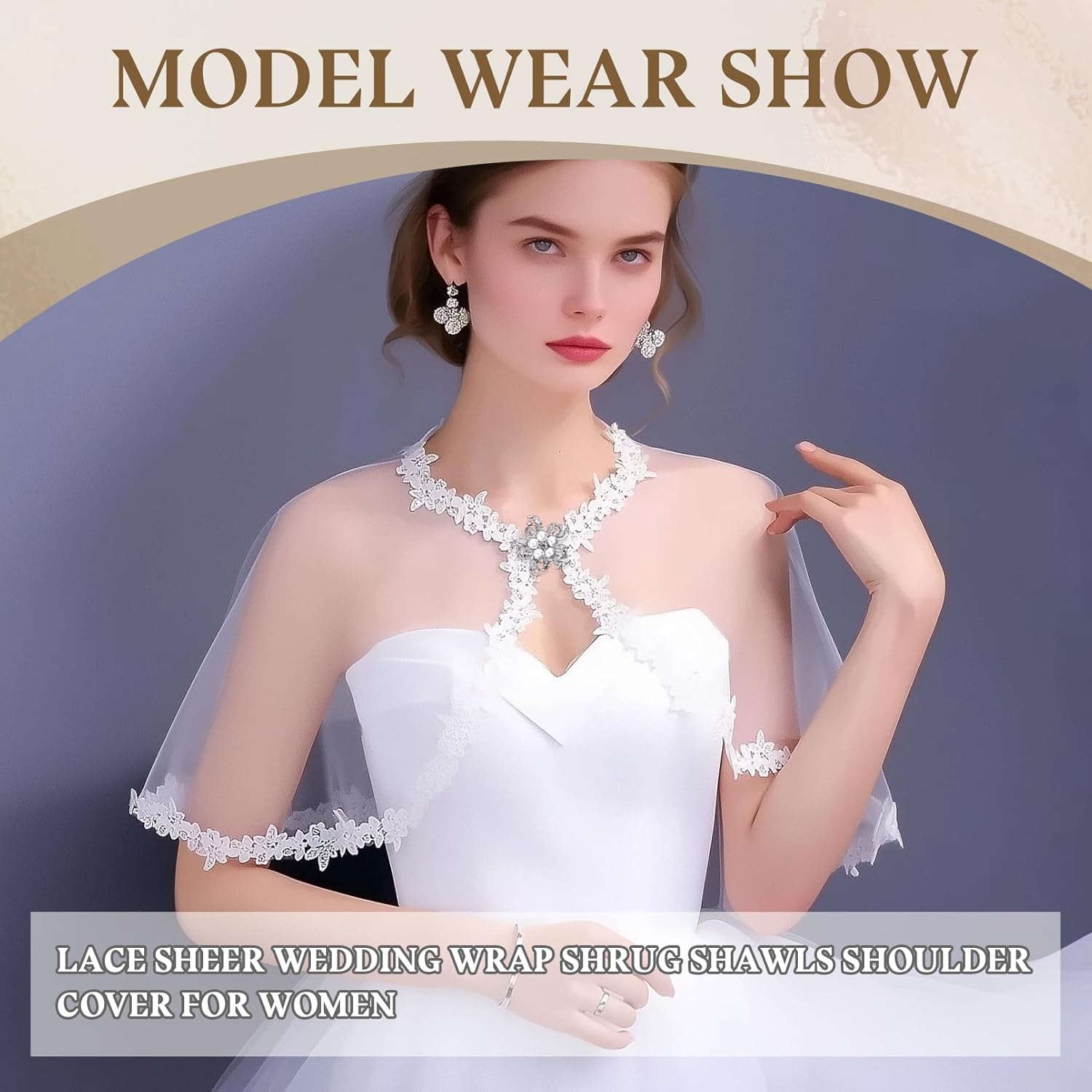 White Lace Shawl Wraps For Women Formal, Bolero Shrugs Shoulder Cover For Evening Dresses Formal, Wedding Bridal Cape Lace Cover Up Chiffon Scarf - Image 7