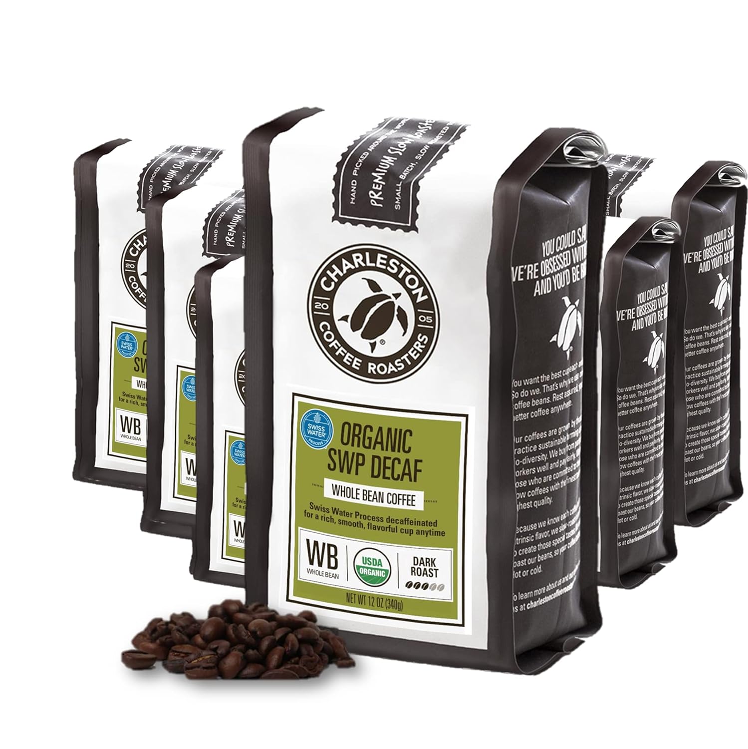 Charleston Coffee Roasters | Specialty Organic Whole Bean Coffee | Hand Picked, Premium Slow Roast (SWP Decaf, Dark Roast) 12 Oz, Pack of 6