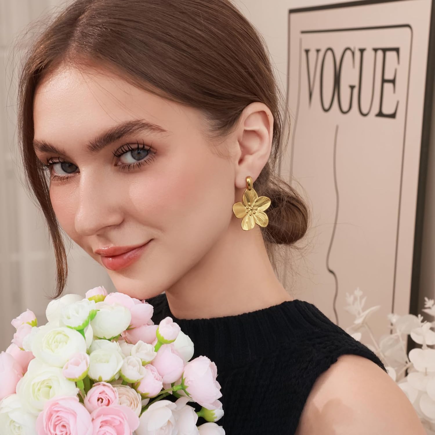 Gold Flower Statement Earrings for Women, Large Chunky Bohomian Summer Beach Floral Earring, Irregular Bold Exaggerated Earrings - Image 2