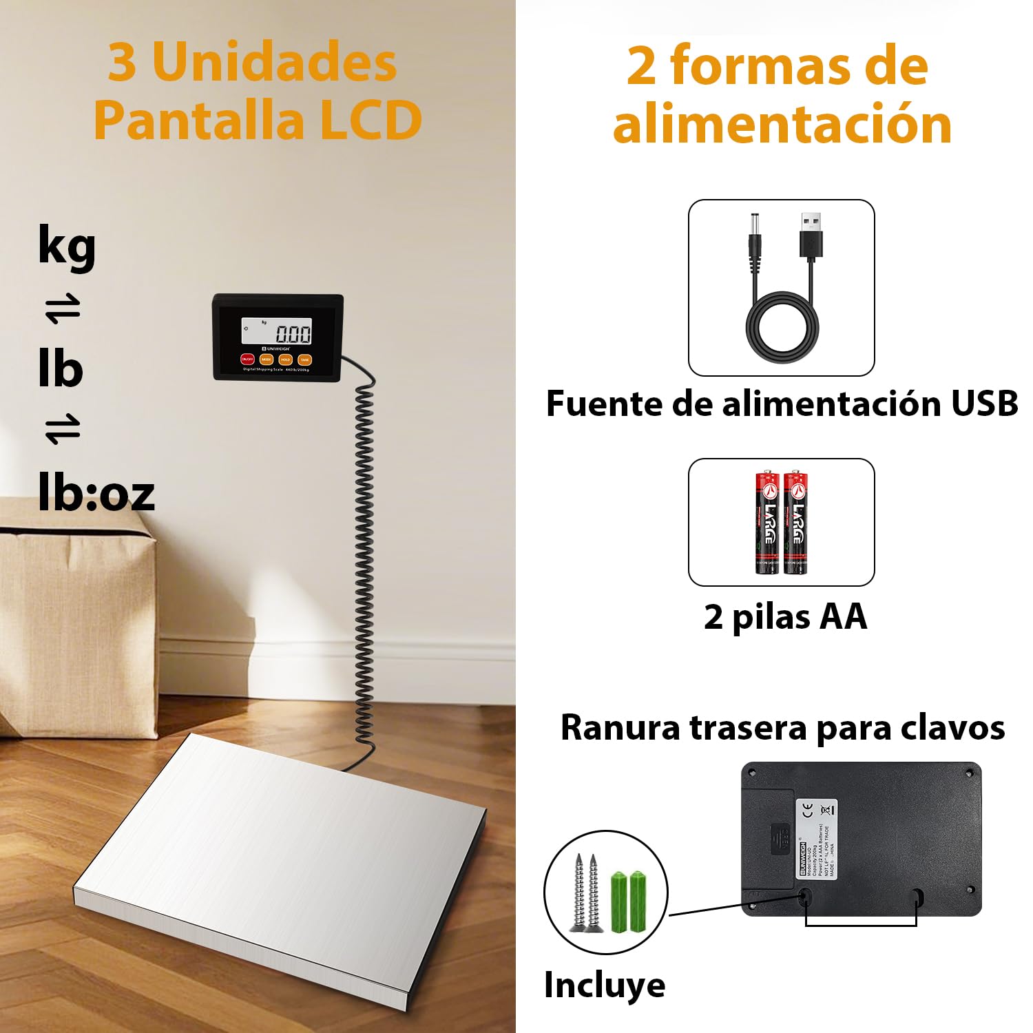UNIWEIGH Bascula Postal Digital,440lb x 10g Bascula industrial,Plataformas de Acero Inoxidable,Balanza Pesada con Retención/Tara/Pantalla LCD,Báscula Postal para Paquetes/Almacén/Equipaje