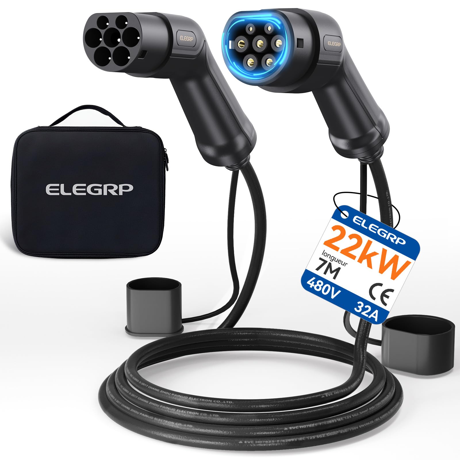 ELEGRP Câble de charge Type 2, 22kW 7M 32A 3-phases, câble de charge Type 2 vers Type 2 Mode 3 pour voiture électrique EV/PHEV avec sac de transport, adapté pour Model S/3/X/Y, VW ID.3 ID.4 e-Golf et