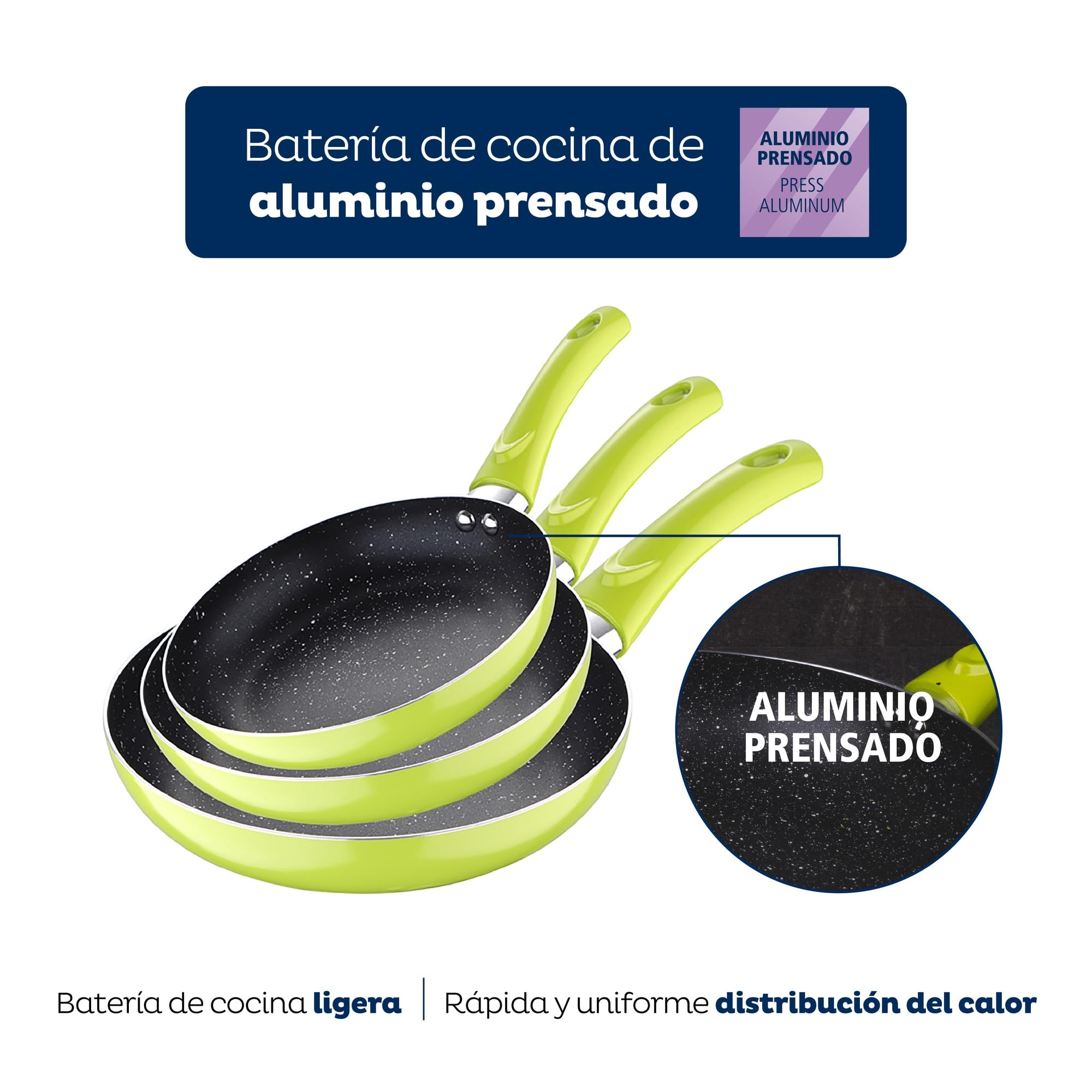 San Ignacio Set 3pc sarten (20+24+28cm) aluminium pressé vert avec Set 3pc ustensiles de cuisine silicone bois