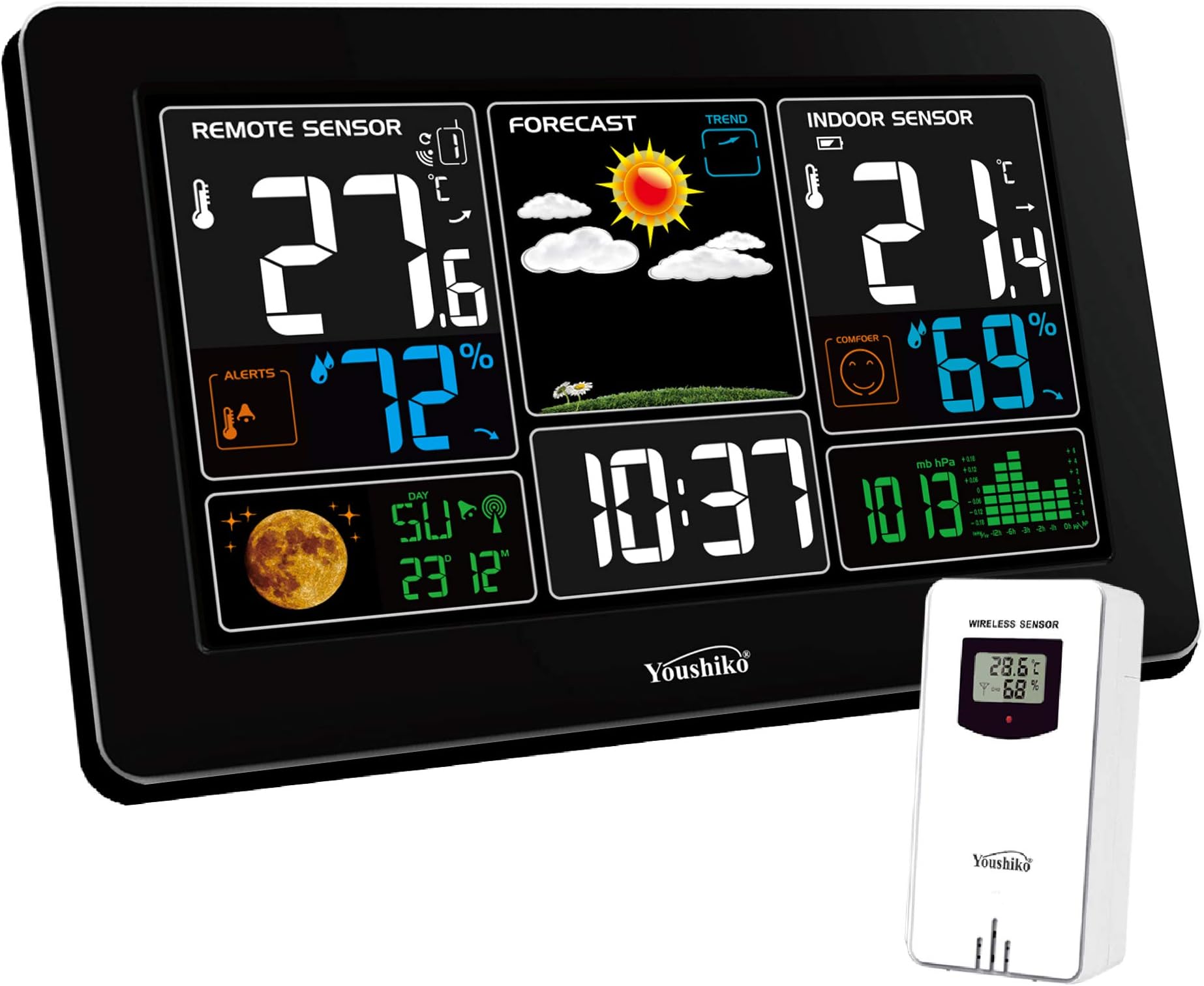 Youshiko YC9441 (Official 2026 UK Version) Wireless Weather Station, Radio Controlled Clock, Indoor Outdoor Temperature Thermometer, Humidity, Barometric Pressure, weather forecast