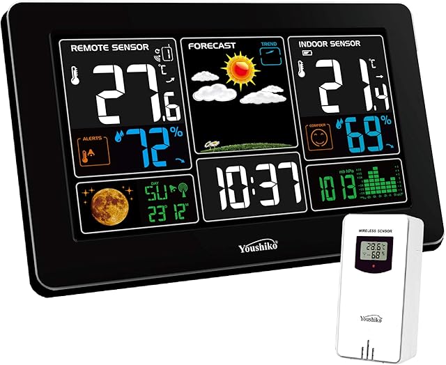 Youshiko YC9441 (Official 2023 UK Version) Wireless Weather Station, Radio Controlled Clock, Indoor Outdoor Temperature Thermometer, Humidity, Barometric Pressure, weather forecast