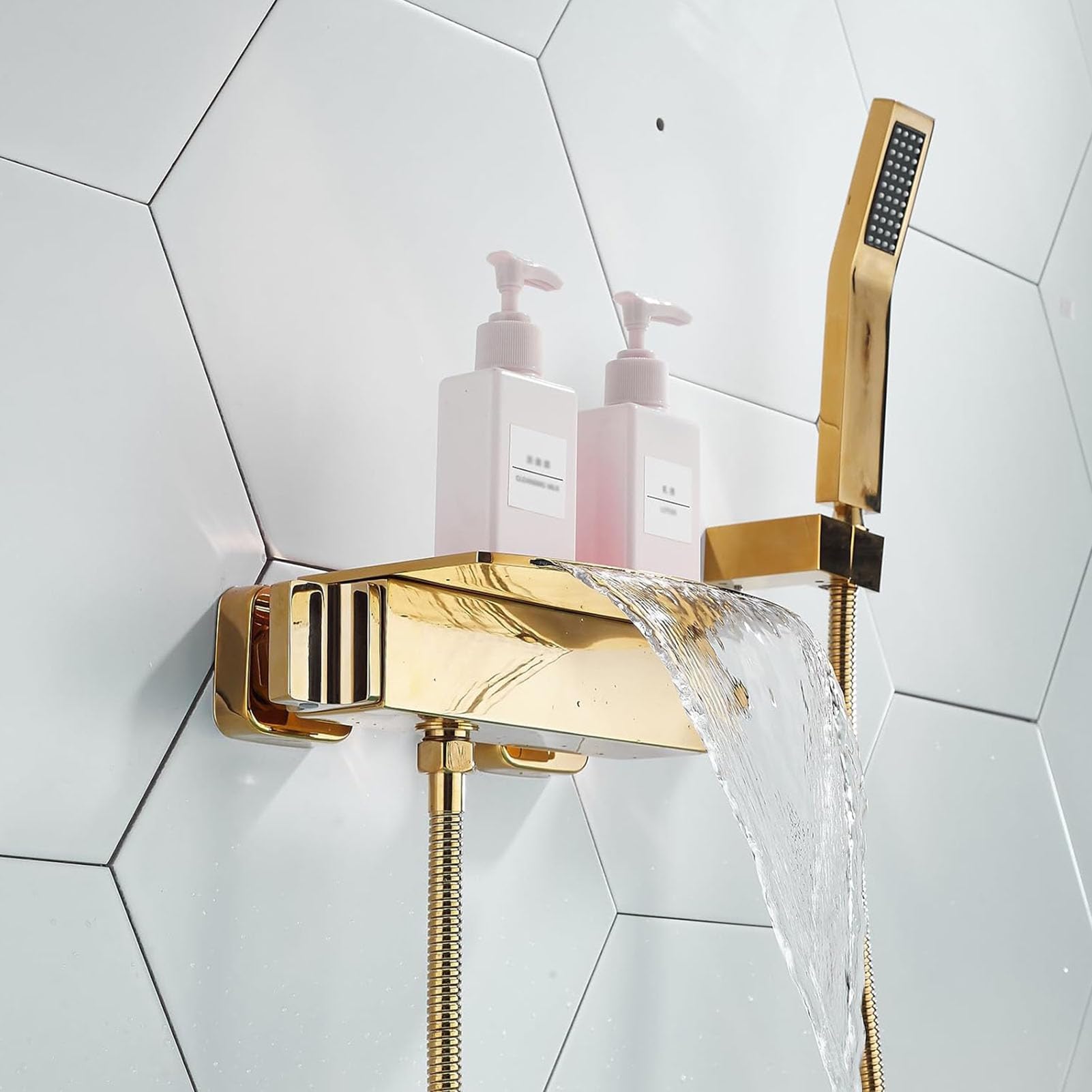 Bateria wannowa z główką prysznicową, bateria wannowa z wodospadem, bateria wannowa, bateria wannowa ścienna, nowoczesny zestaw baterii do wanny łazienkowej,Gold