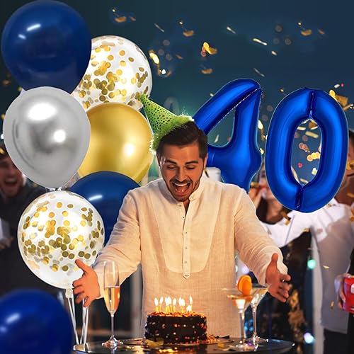 Miniatura 5 de Decoraciones de fiesta de cumpleaños número 40 azul y dorado para él y ella, pancarta de feliz cumpleaños, globo de aluminio con el número 40,