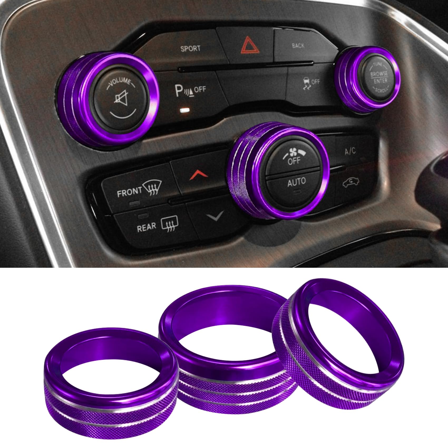 3PCS Air Conditioner Switch Button Knob Cover, Aluminum Alloy Knob Ring Trim Cover, Climate Control Knob Covers, Auto Accessories Compatible with Dodge Challenger Durango 2015-2022 (Purple)
