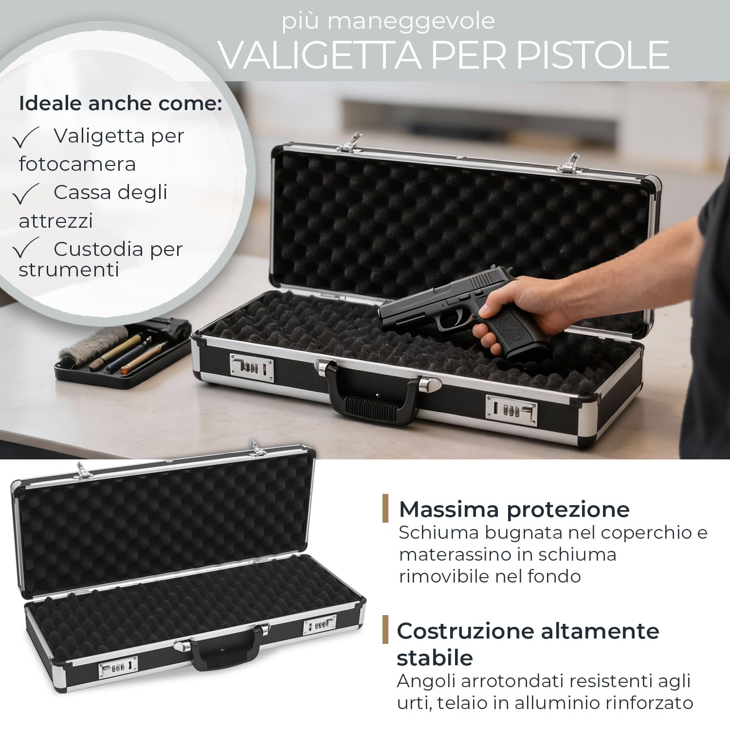 HMF 14433-02 Valise en aluminium pour armes à feu avec serrure à combinaison | 62 x 26 x 12 cm | Noir
