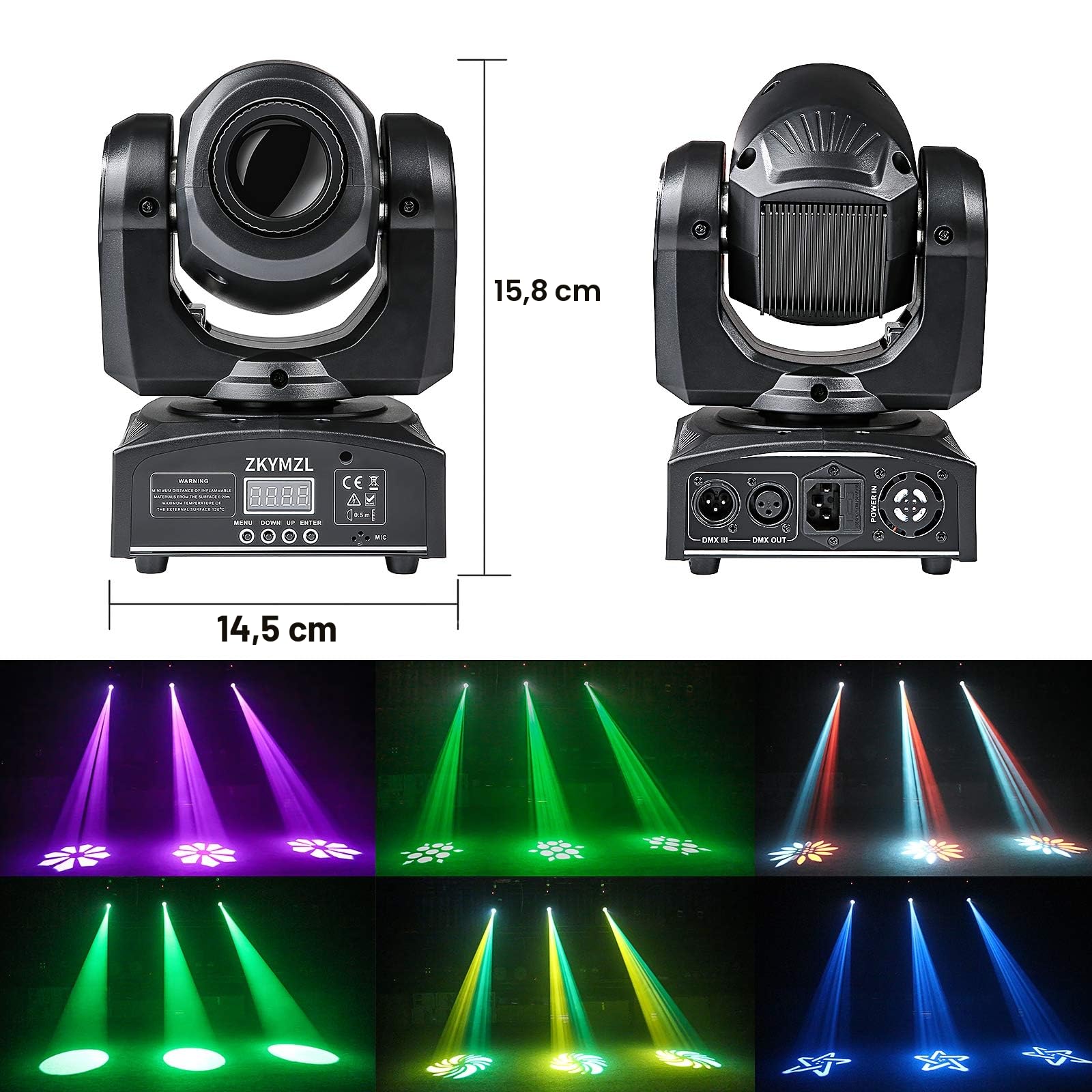 ZKYMZL Lumières de tête de mouvement 8 lumières LED GOBO Rainbow DJ Lights Disco Lights 15 couleurs 9/11 canaux stroboscopiques LED DMX512 Contrôle pour disco KTV Club Party