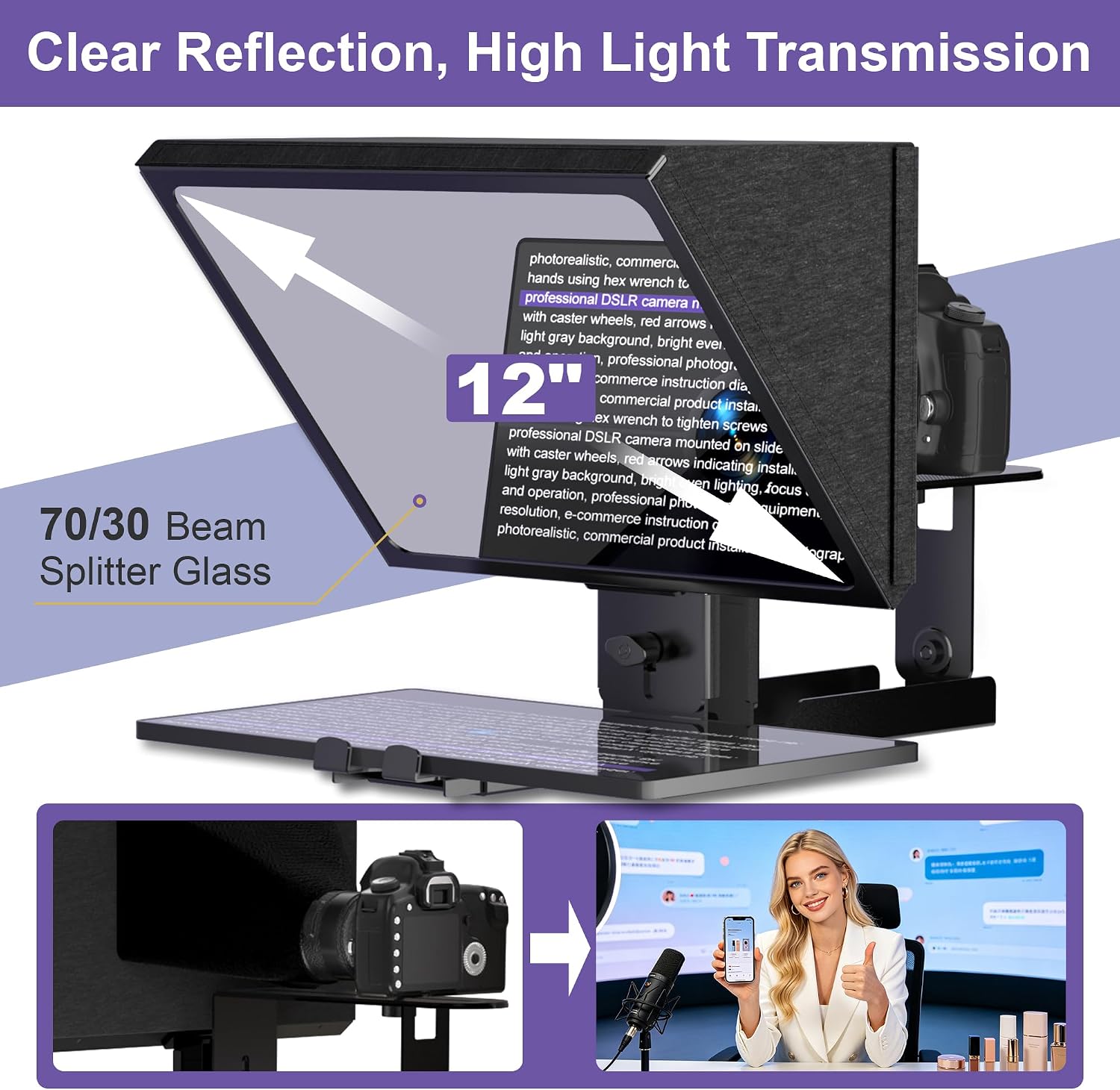 12-Inch Professional Teleprompter with Tempered Glass