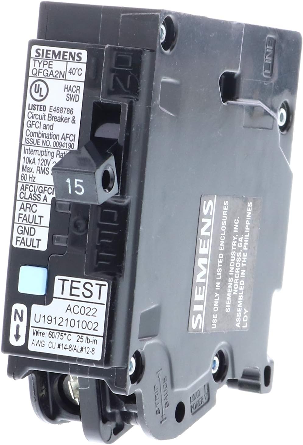 Q115DFN 15 Amp 1-Pole Dual Function (CAFCI/GFCI) Plug-On Neutral Circuit Breaker, Black