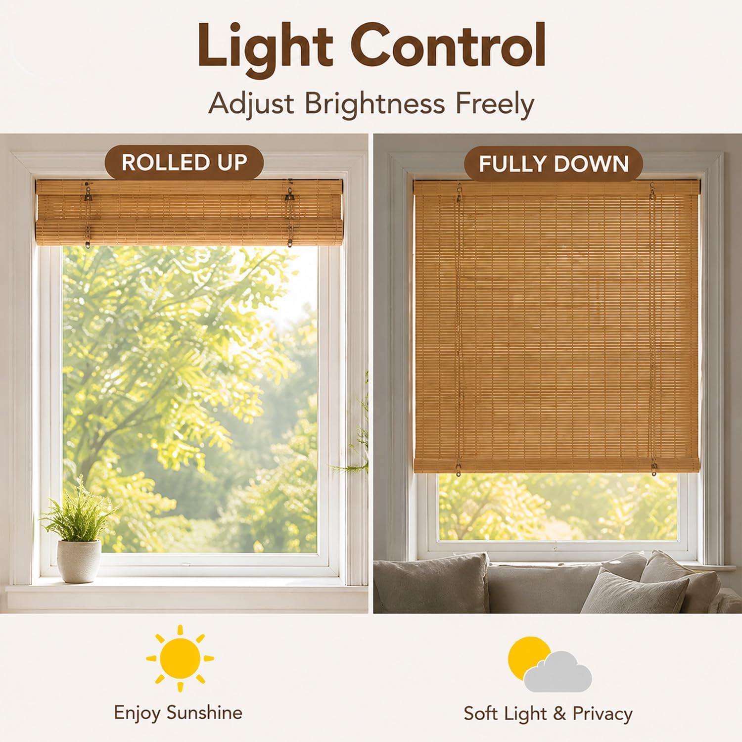 Bamboo Blinds, Bamboo Shades for Indoor Windows, Natural Woven Bamboo Window Shades, Light Filtering Privacy Roller Blinds for Home, Living Room, Bedroom, Patio-Wide Bamboo strips-36 W x 72" H