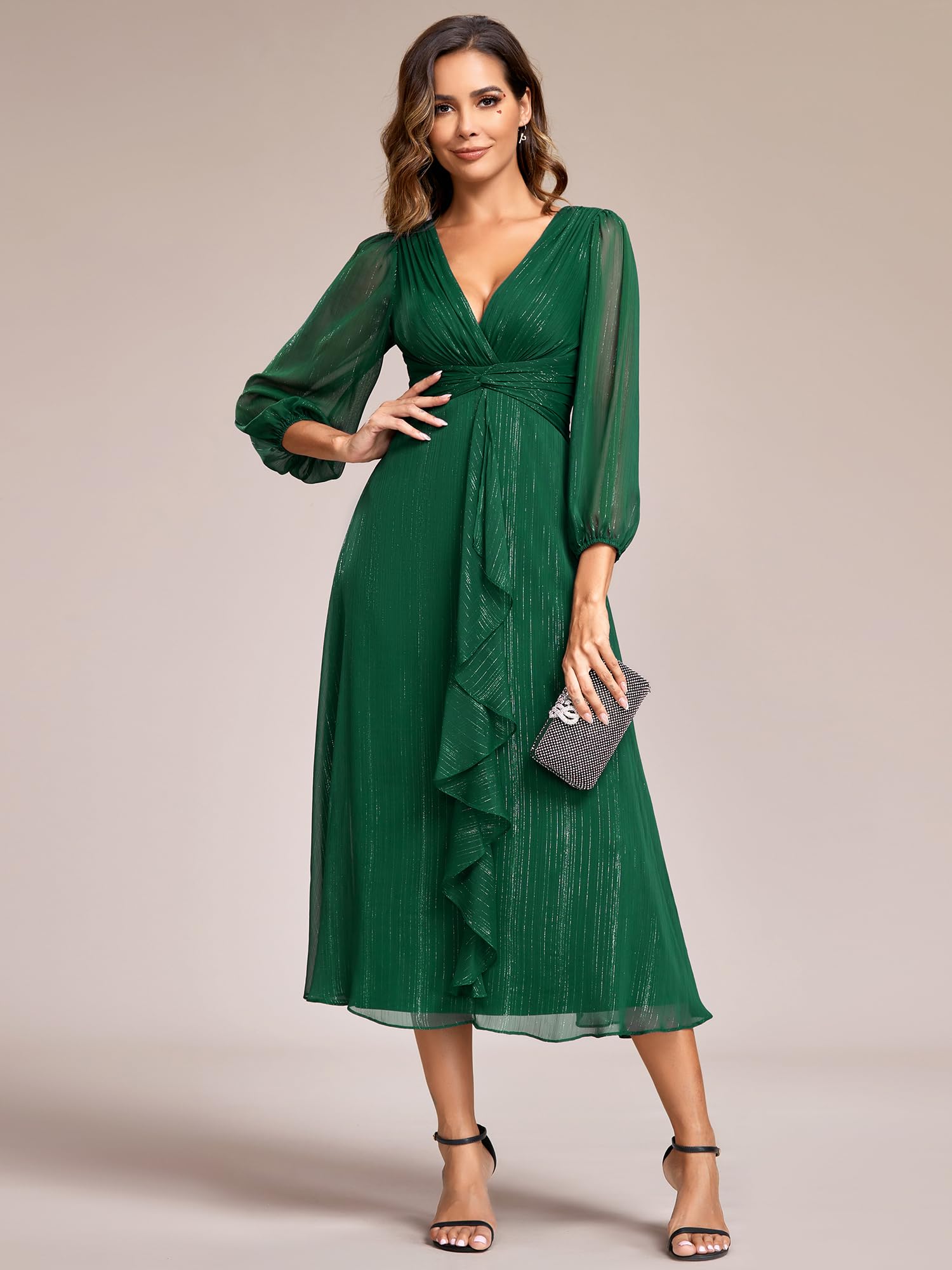 Ever-Pretty Abendkleid, schick, V-Ausschnitt, Langarm, Chiffon, Maxikleid, ausgestellt, EE01977