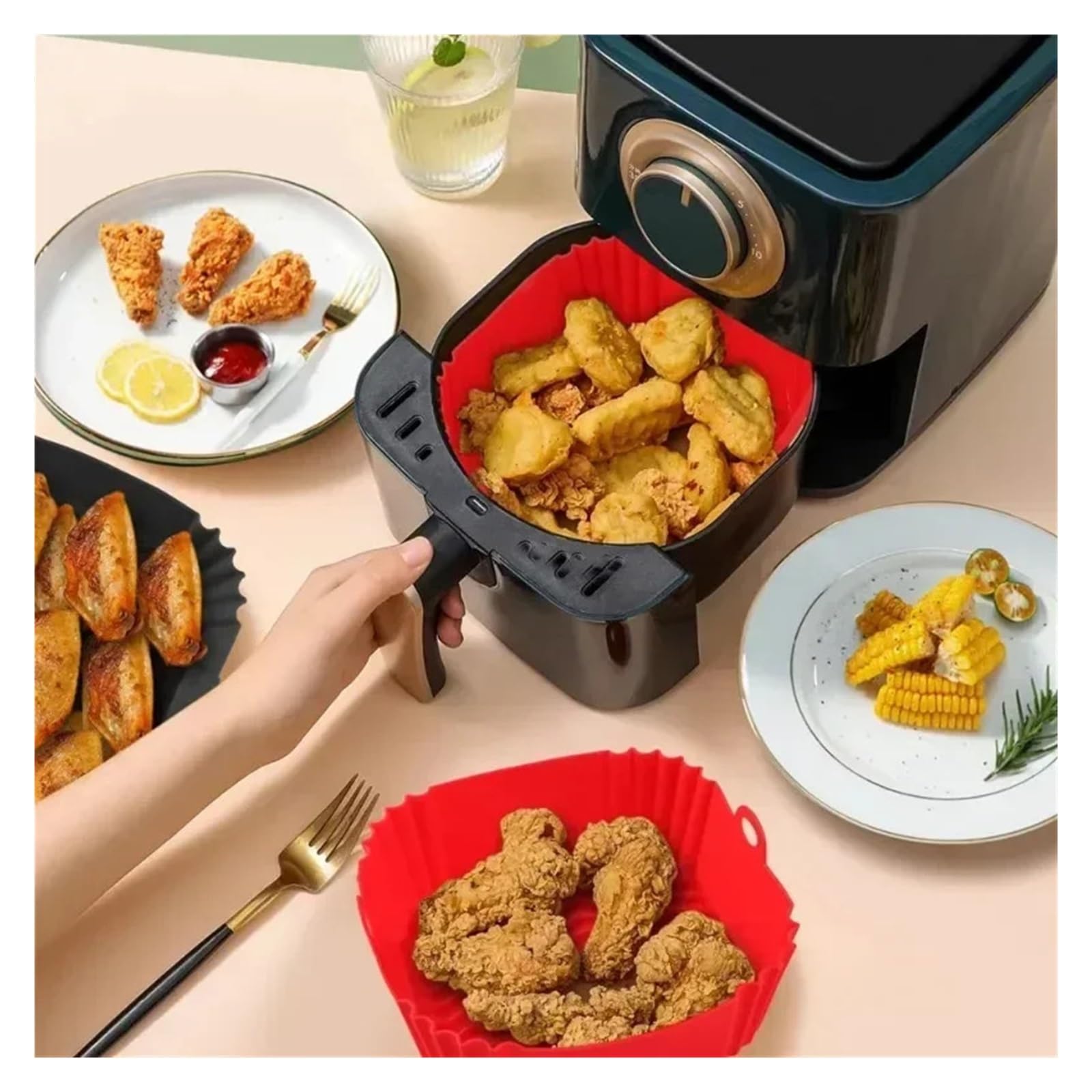 1 pieza de silicona 16 cm, compatible con freidora aire, horno, bandeja for hornear pizza, pollo frito, cesta, forro reutilizable, accesorio(Black)