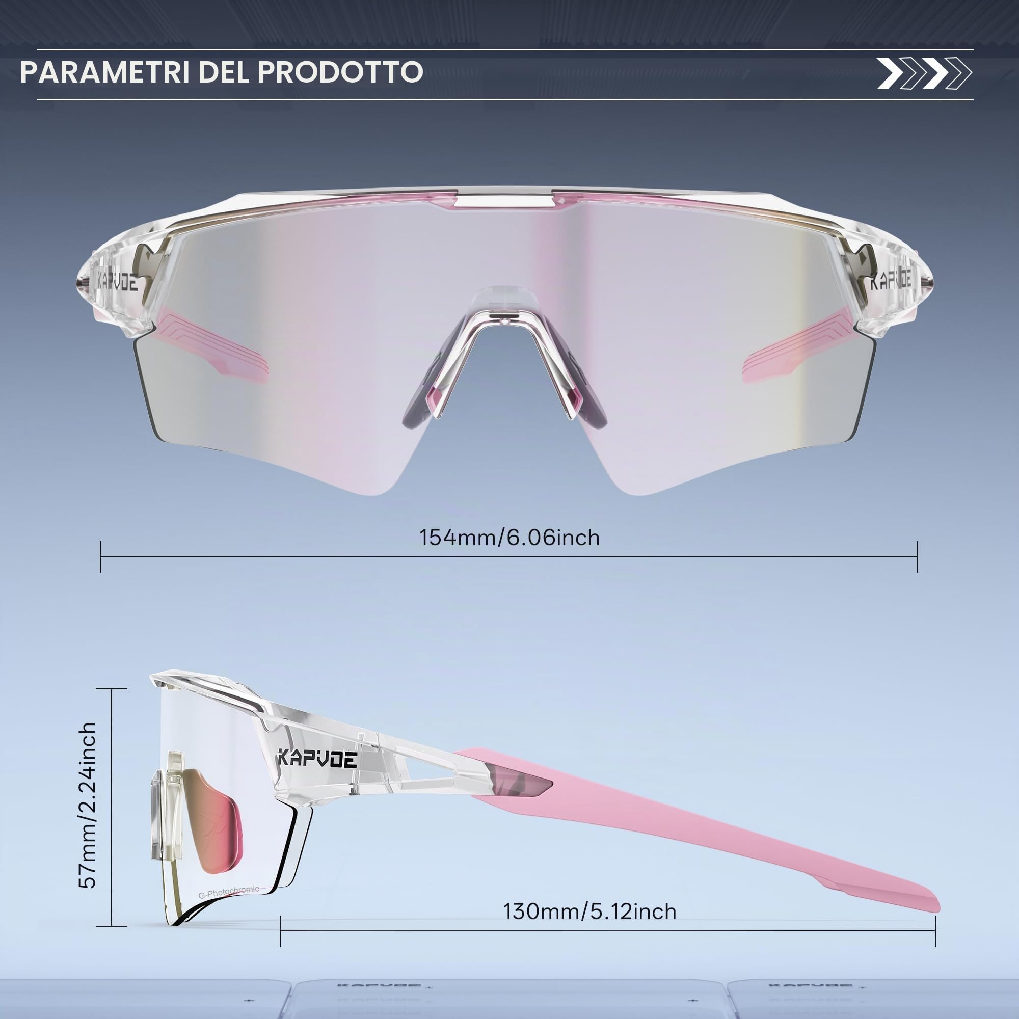 KAPVOE Occhiali da Ciclismo Fotocromatici UV400 Uomo Donna K198 | Transizione fotocromatica, UV400, design a montatura parziale, aste con anima metallica