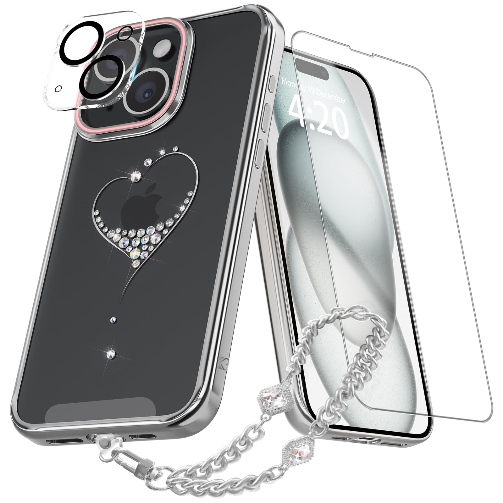 KINGXBARLuxury Plating for iPhone 15 Case, Clear with Sparkle Bling Heart Crystals for Women Girls Protective Phone Cover 6.1 inch, Silver