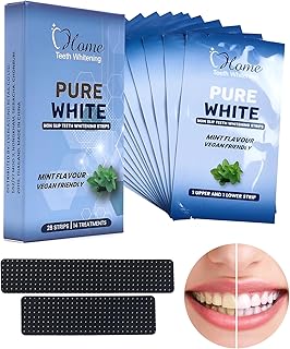 Home Teeth Whitening Tiras de color blanco puro, veganas sin peróxido para esmalte, sin flúor, blanqueamiento y eliminación de manchas, sabor fresco a menta, fácil de usar, 28 unidades