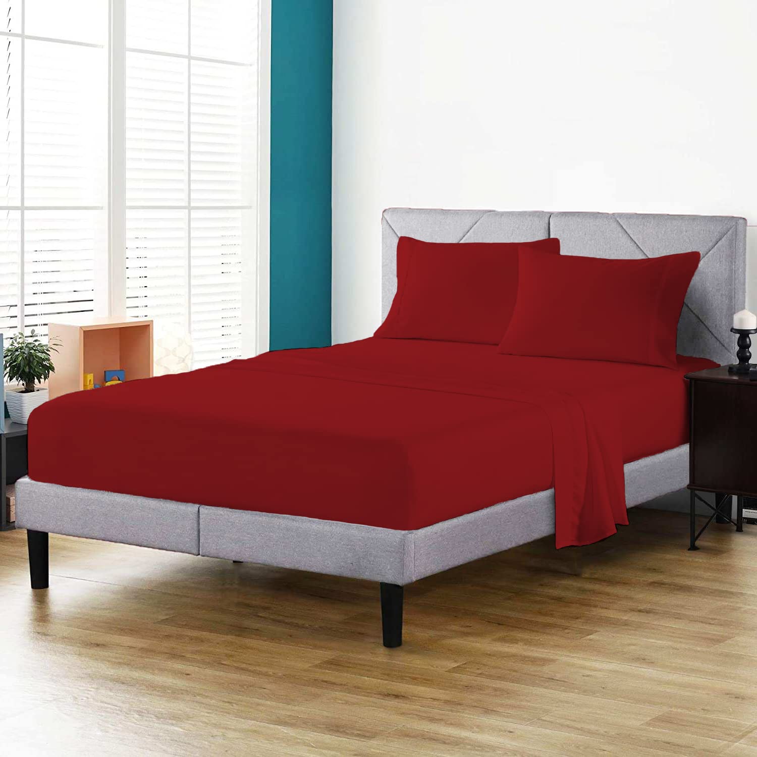 100% Egyptian Cotton Fitted Sheet 200 Thread Count Hotel Quality Soft & Crisp Cotton Caravan Campervan Bed Fitted Sheet (Red, Double)