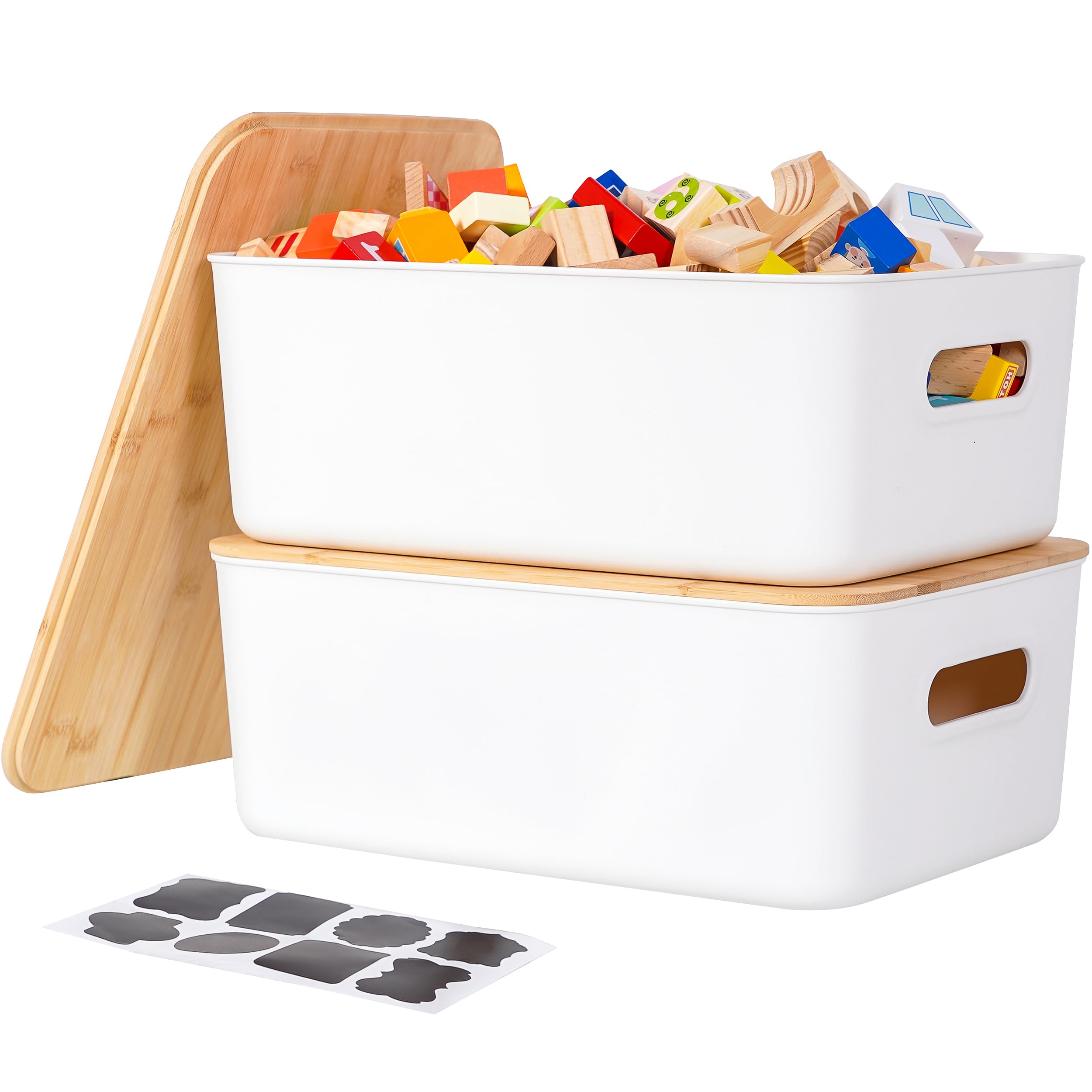 Caja de almacenamiento con tapa de bambú, 2 unidades, caja de almacenamiento de plástico blanca, para organización, apilable, con asa, para cocina, baño, 28,5 x 27,1 x 15,2 cm, 13 L