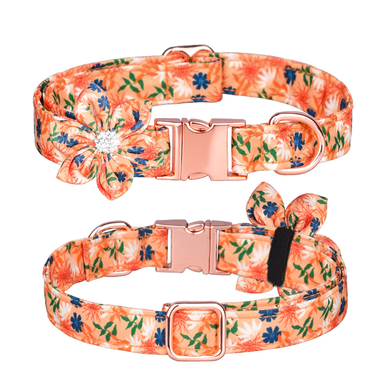 Bbmmayy Floral Pattern Dog Collar - Cute with Detachable Rhinestone Flower for Female Puppy to Large Dogs (S, Orange)