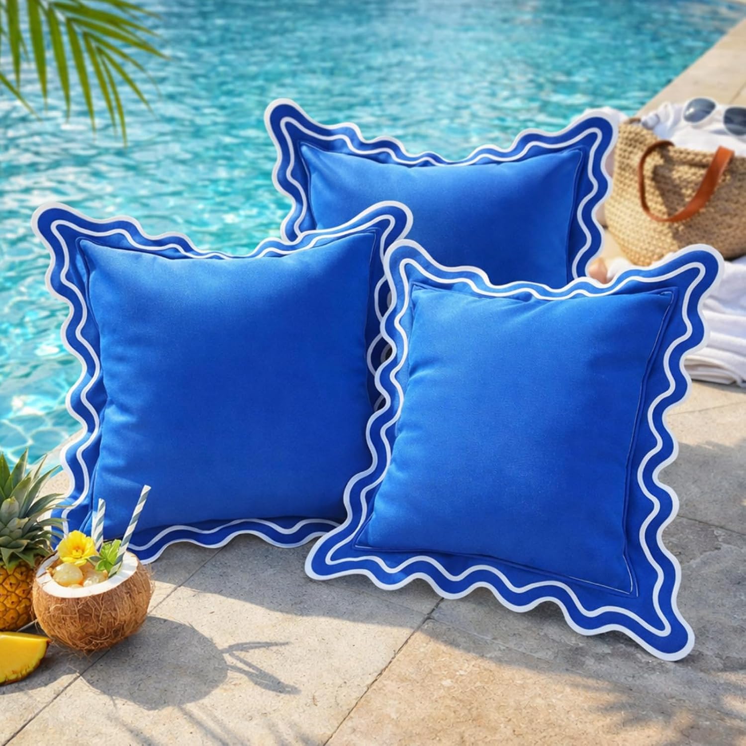 Novabright 4 Pack Outdoor Waterproof Pillow Covers 18 x 18 Inch Decorative Farmhouse Garden Pillowcase Scalloped Throw Cushion Cases for Patio Porch Tent Bed Sofa Living Room Decor (Blue)