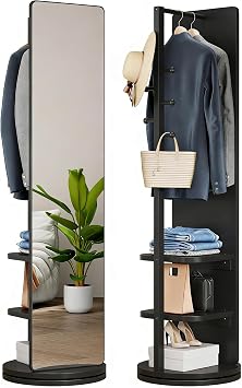 Rotating Mirror with Storage & Hooks, 66"x14" Floor Standing Full Length Mirror with Hanger & Open Shelves, Walnut Full Length Mirrors for Bedroom, Living Room, Entryway, Cloakroom Black
