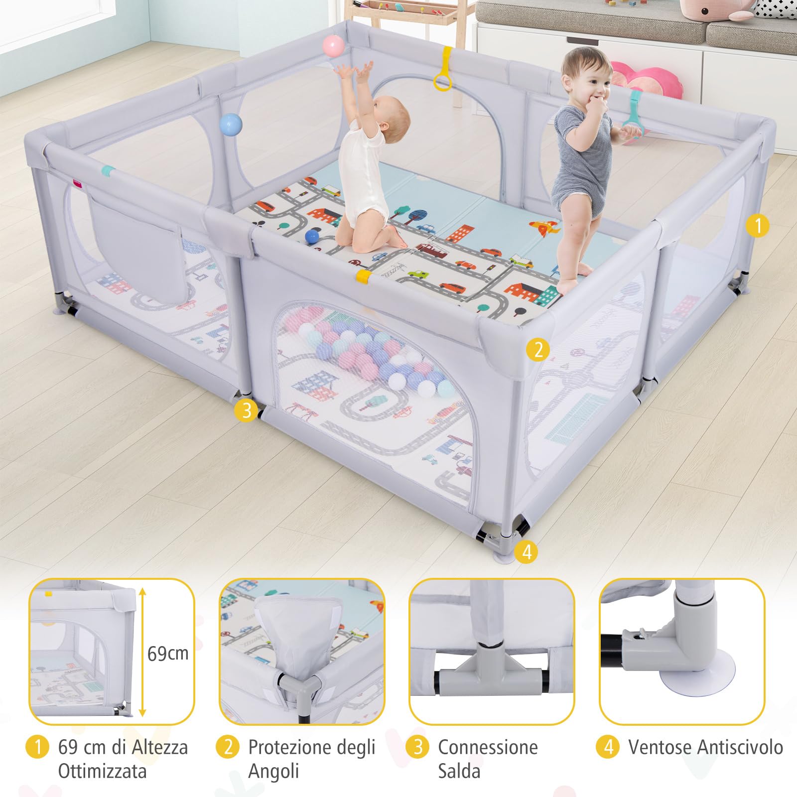 COSTWAY Box per Bambini con Materassino, Recinto per Bambini con 4 Anelli e 50 Palline Colorate, Rete Traspirante, Tasca e Borsa, Box Giochi per Bambino 0-3 Anni (Grigio Chiaro, 189 x 158 cm)