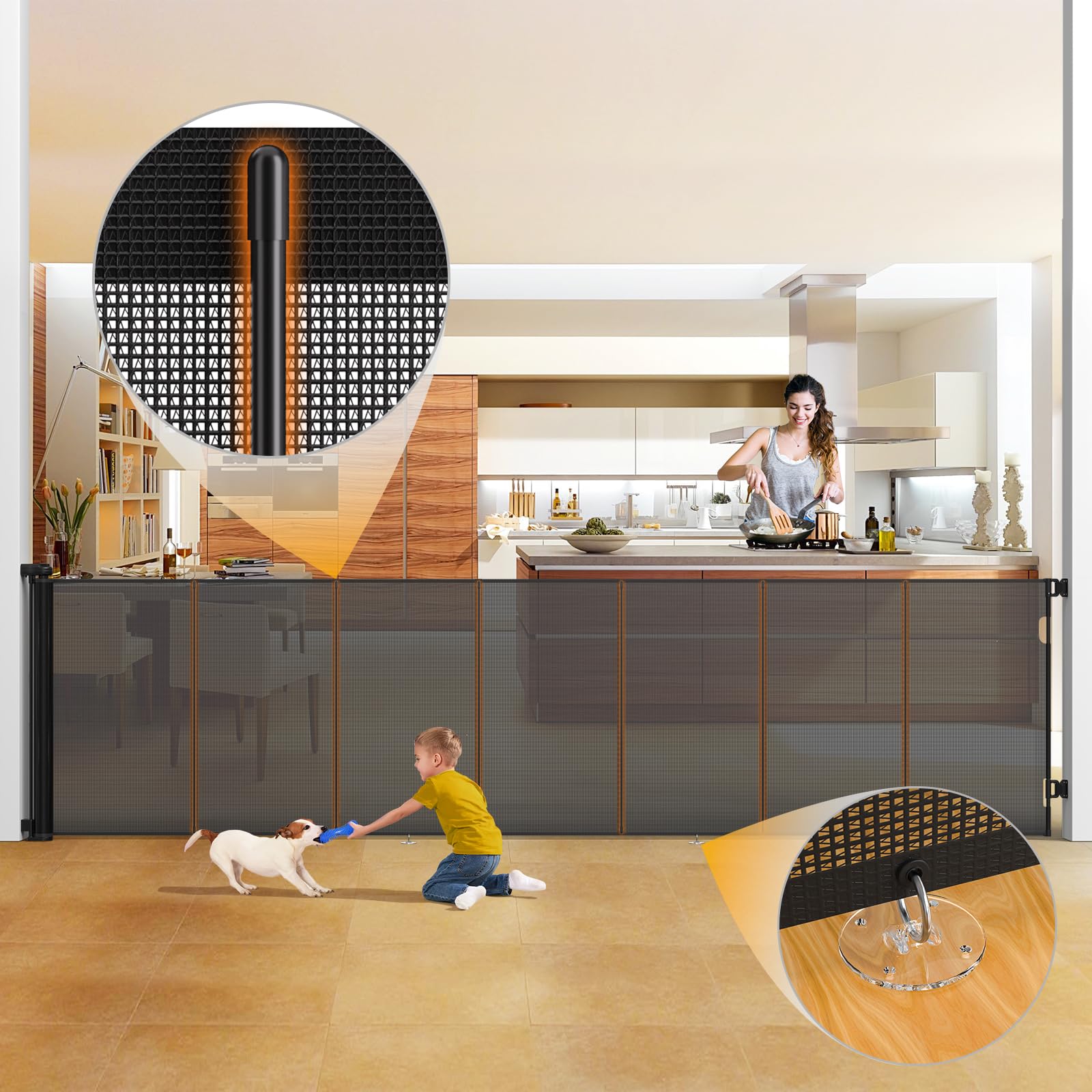 Extra Tall Retractable Baby Gate for Baby, 300 * 105 cm, Black Mesh fabrics, Reinforced Safety, Double Tightening Lock, Extra Wide, Stair Gates for Dogs