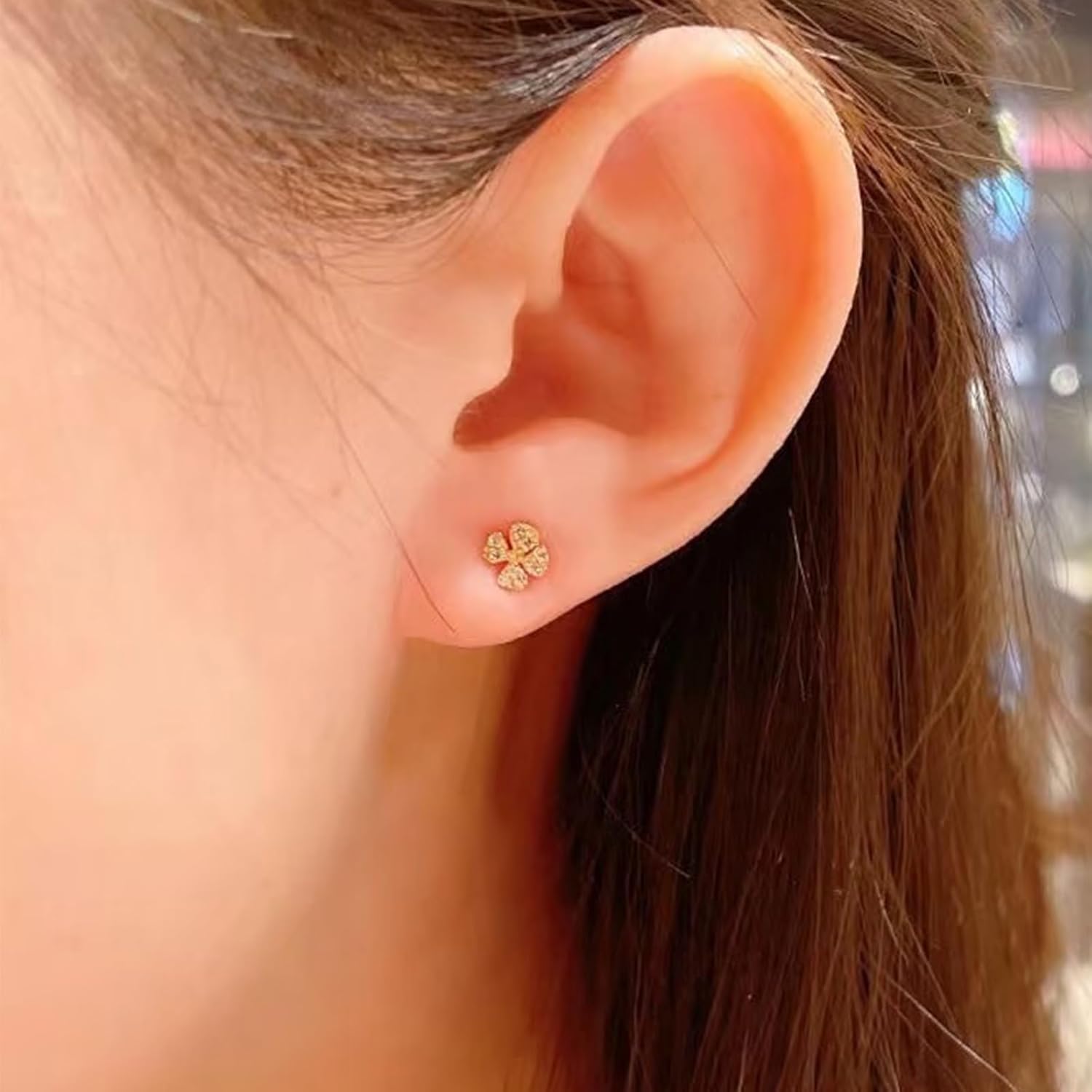 Mini Stud Earrings for Women – 14K Gold Plated 925 Sterling Silver Lucky Four Leaf Clover or Crescent Moon CZ Stud Earrings, Hypoallergenic Lightweight Small Earrings for Sensitive Ears, Delicate Jewelry Gift for Her