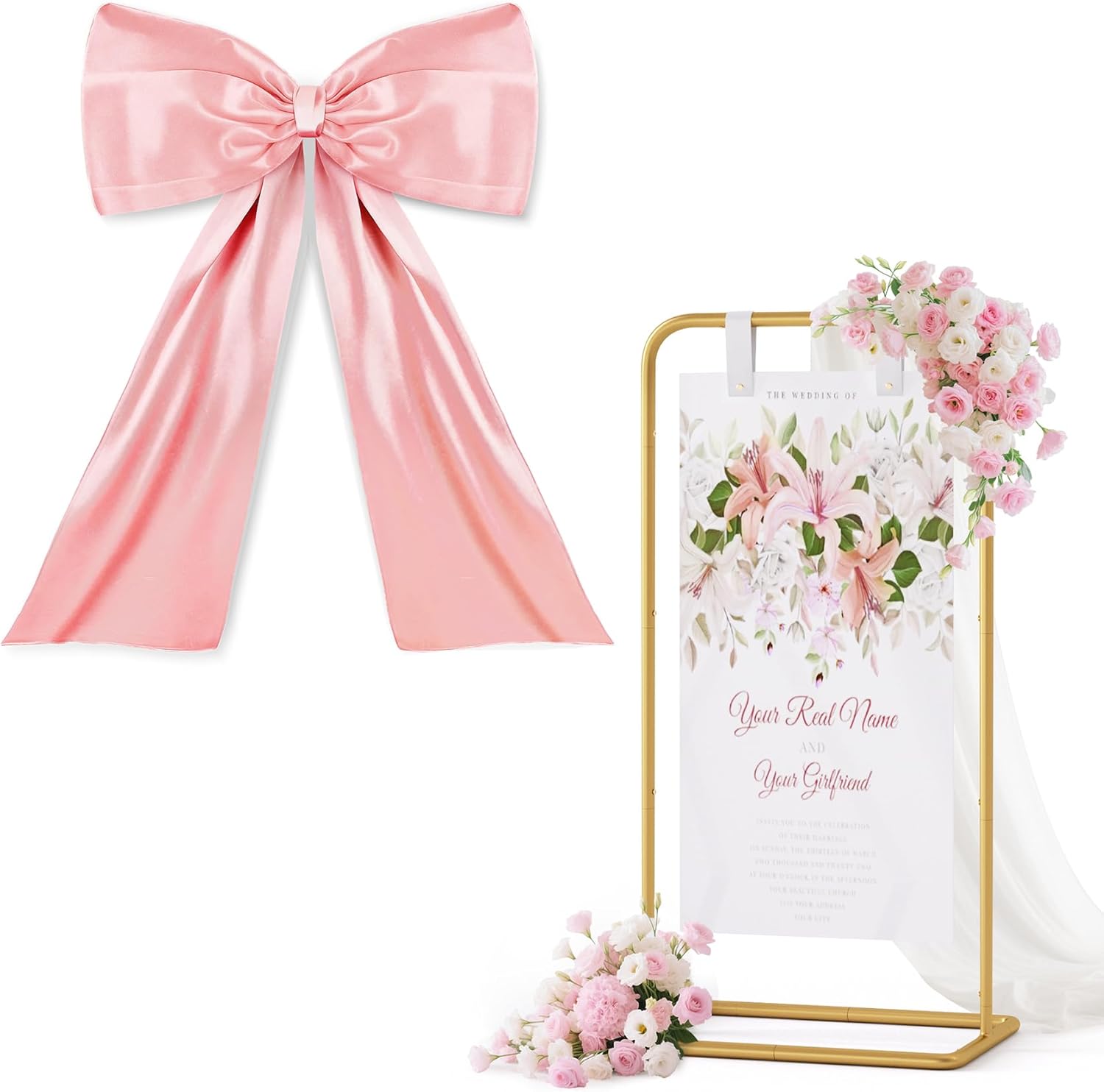 Pink Large Bow Decor Big Bow for Room, Wedding Welcome Sign Stand, Adjustable Welcome to Our Wedding Sign Holder