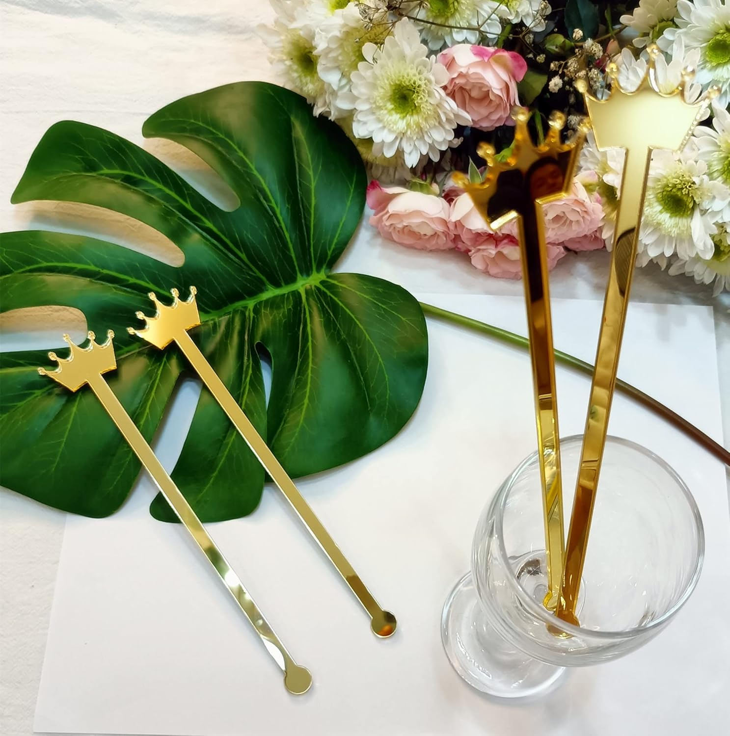 Pack of 20 Crown Swizzle Sticks,Cocktail Drink Stir Sticks,Acrylic Mirrored Princess Drink Stirrers for Baby Shower,Festival&Party Deco (Gold Mirror)