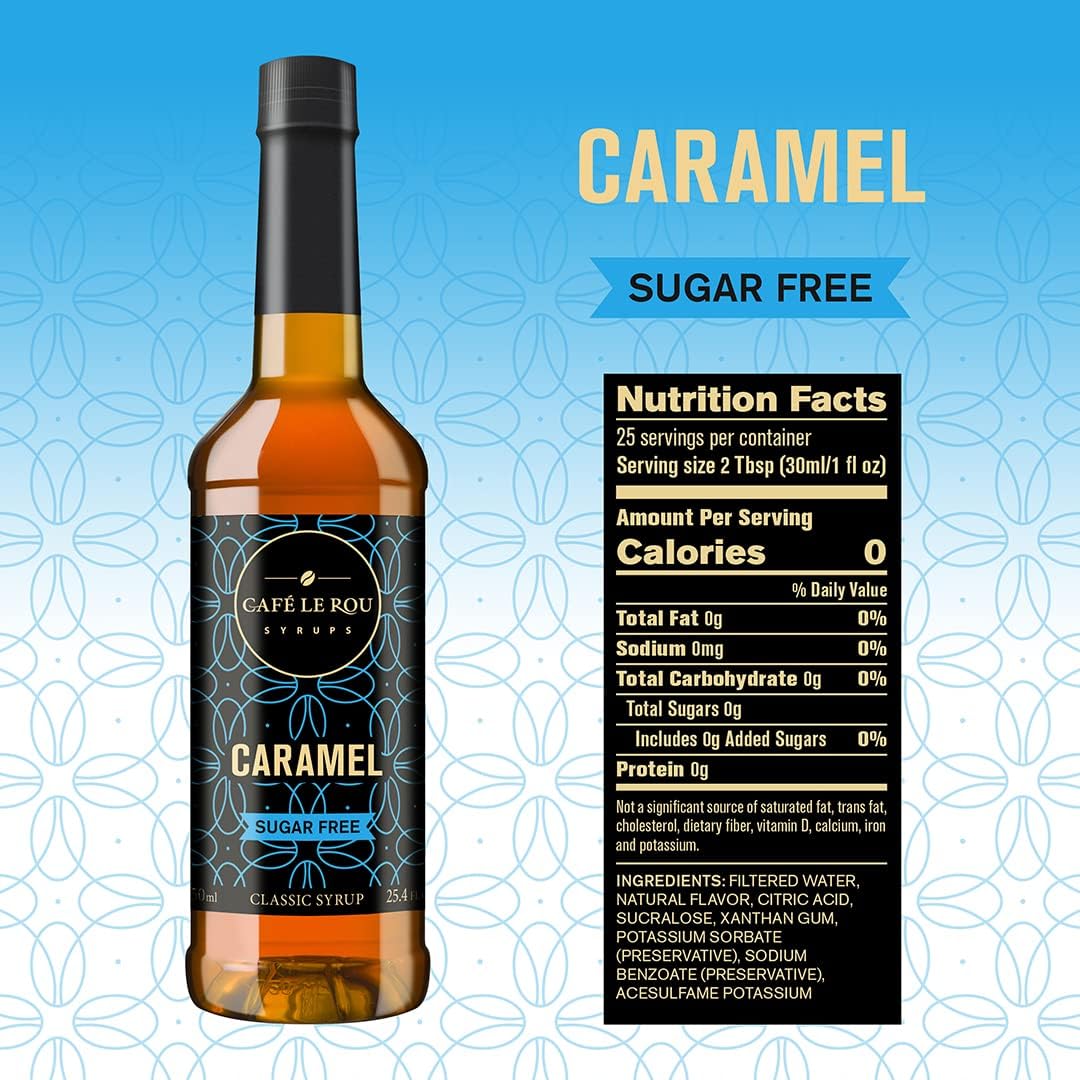 NEW Café Le Rou Coffee Syrup Sugar Free Caramel, 25.4oz (Pack of 2)*Includes 2 Coffee Syrup Pumps*Cafe Coffee Flavoring Syrup for Coffee, Tea, and Espresso