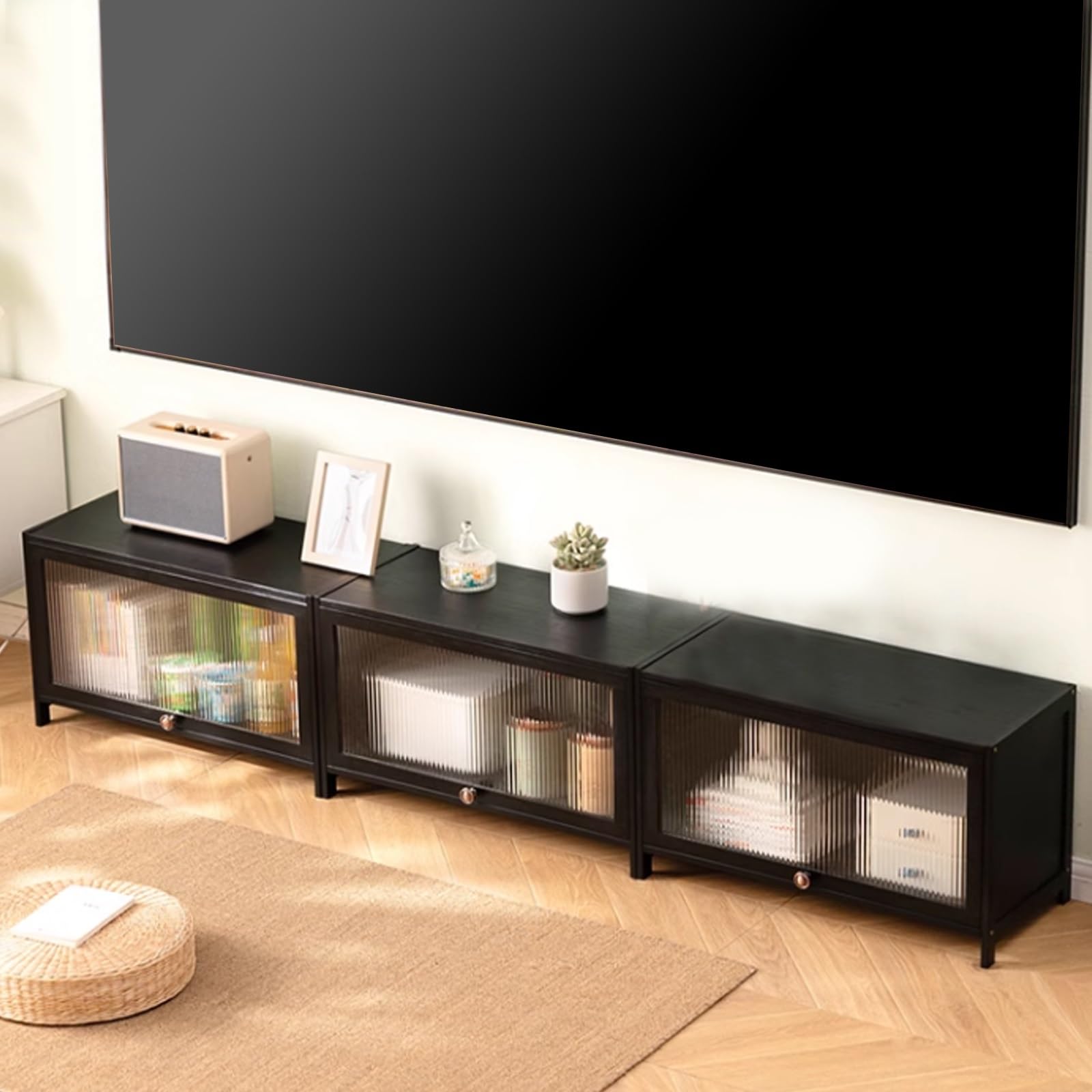 Nowoczesna stojąca szafka pod telewizor, wszechstronne, centrum rozrywki, swobodnie montowana, konsola multimedialna ze schowkiem, stylowa podstawka pod telewizor (czarna, 160 x 32 x 40 cm)