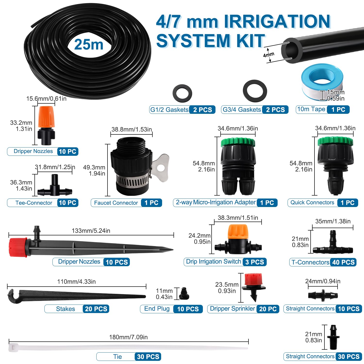 VooGenzek 202 PCS 4/6 mm Irrigation System Kit, 25m Irrigation Hose, DIY Auto Drip Irrigation Kit - Image 2