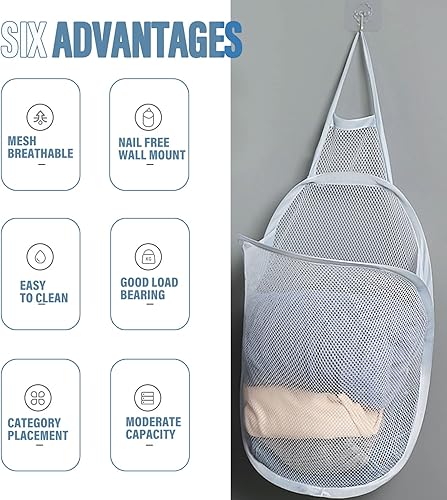 Miniatura 2 de Cesta de malla plegable de tela sucia con asa de transporte, cesta de red para puerta, para almacenar ropa, juguetes, campamento, papas fritas, uso