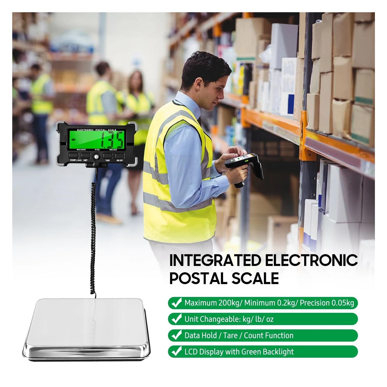 Bilancia Cucina Digitale, Bilancia postale elettronica da 440 libbre Bilancia di precisione integrata in acciaio inossidabile da 0,05 kg Bilance for spedizione con spegnimento automatico/mantenimento
