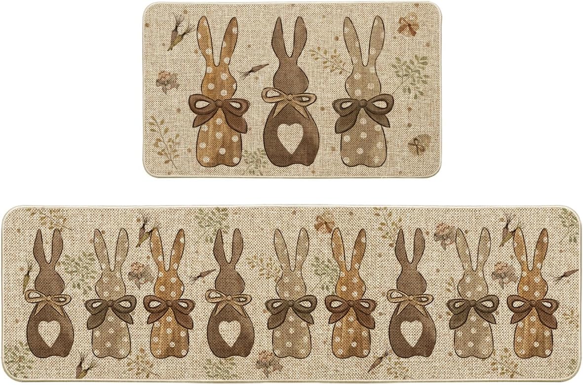 Artoid Mode Wood Carrots Rabbit Bunny Easter Kitchen Mats Set of 2, Spring Home Decor Low-Profile Kitchen Rugs for Floor - 17x29 and 17x59 Inch