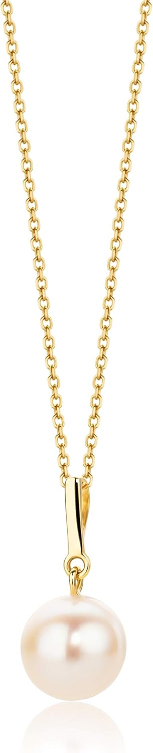 Orovi 14K Gold Necklace for Women with White Freshwater Pearls 8.50mm, Pearl Necklace with Pendant in Solid 14K Yellow Gold 585 with 17.7 Inch Gold Chain, Women's Jewelry Delivered in Jewelry Box - Image 2