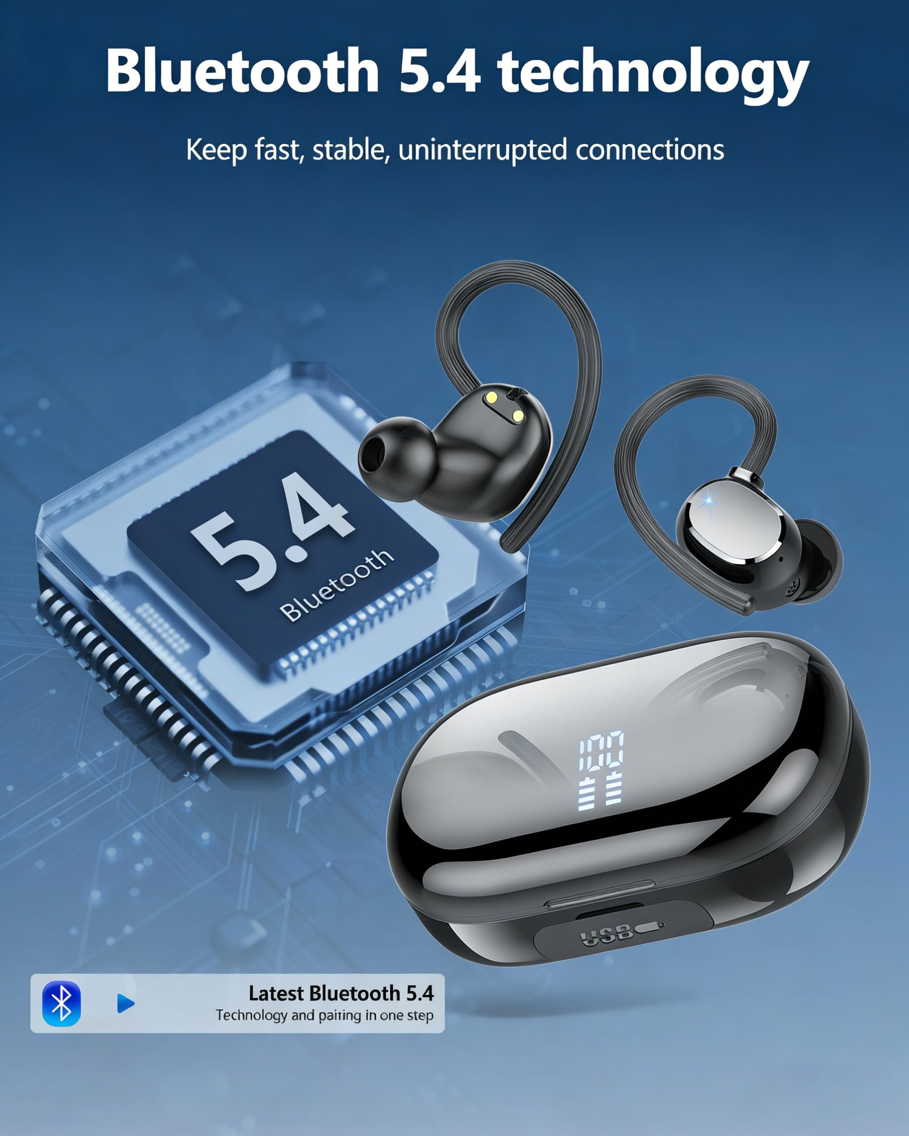 Bluetooth Kopfhörer, Kopfhörer Kabellos Bluetooth 5.4, 128 Std Spielzeit Kabellose Kopfhörer mit 4 ENC Noise Cancelling Mics, Tiefer Bass, IP7 wasserdichte Ohrhörer mit Ohrhaken für Studium und Sport