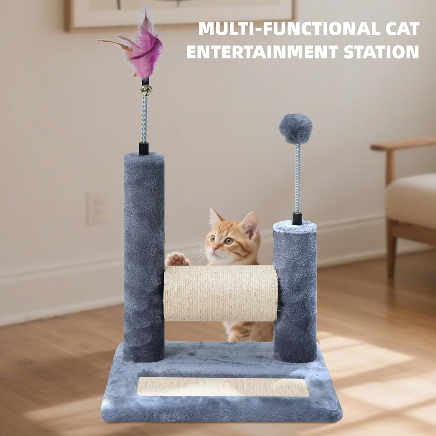 ROYPET Multifunctional Cat Scratching Posts for Indoor Kittens,Cat Scratching Pads for Play and Activity,Scratching Posts with Feather Toys and Spring Hanging Balls,Grey - Image 5