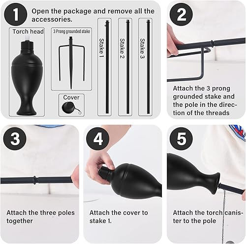 Miniatura 7 de Paquete de 6 antorchas de metal para exteriores, antorchas de metal mejoradas con estaca de 3 puntas, linternas de citronela extragrandes de 58