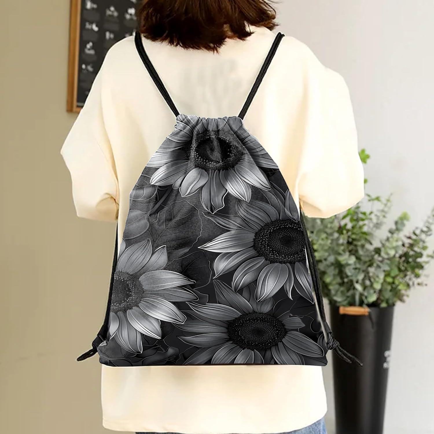 Drawstring Backpack Draw String Sports Bags for Gym Travel Beach Waterproof Cute Sackpack Men Women (13"×17")-Black Sunflower
