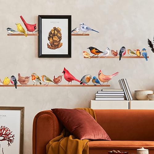 Miniatura 5 de SUPERDANT Calcomanías de pared de pájaros de acuarela, animales, vinilo, arte de pared, pájaros coloridos en alambre, murales de bricolaje, papel