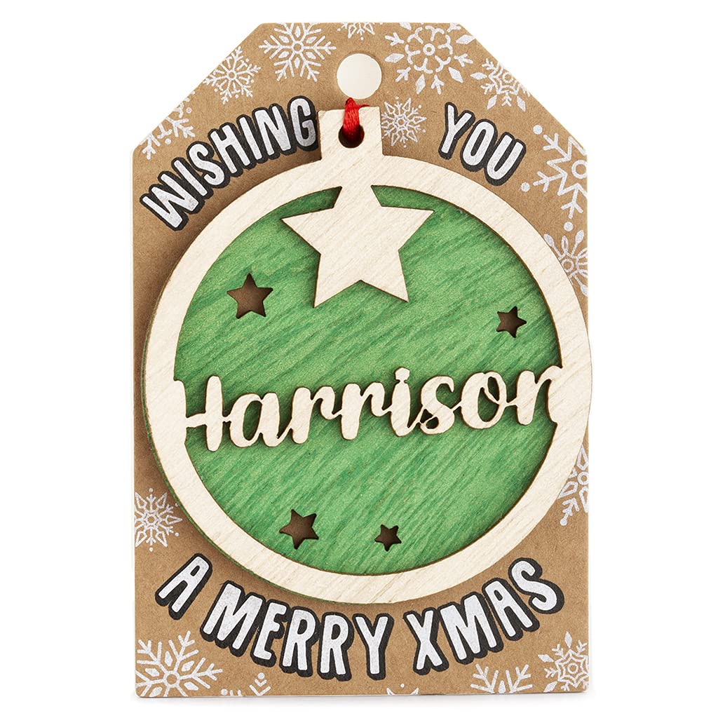 Personalised Wooden Harrison Name Green Hanging Christmas Tree Bauble Decoration