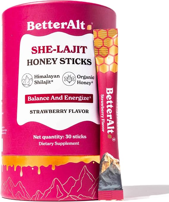 أعواد عسل الفراولة SHE-Lajit من BetterAlt|شيلاجيت للنساء مع الشاتافاري والزعفران لتحقيق التوازن الهرموني وتعزيز الطاقة|أعواد عسل شيلاجيت اللذيذة مع فوائد شيلاجيت الهيمالايا النقية|30 عودًا