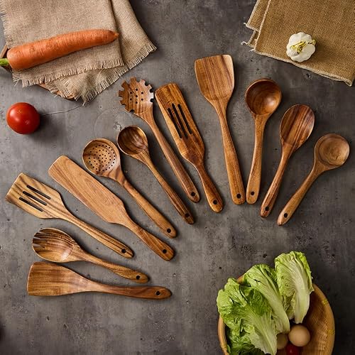 Miniatura 3 de Juego de utensilios de cocina de madera de 12 piezas, cucharas de cocina de madera de teca para sartenes antiadherentes