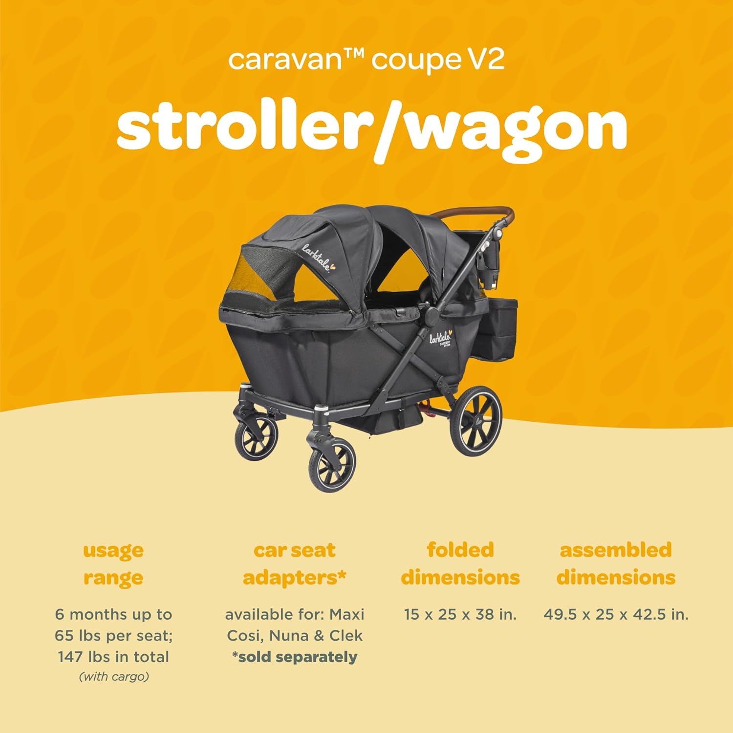 Larktale Caravan Coupe V2, Byron Black - Compact Stroller/Wagon for Kids & Babies - Seats up to Two with 147 lbs. Total Weight Capacity - Dual Sun Canopies, Reclining Seats - 2024 Version