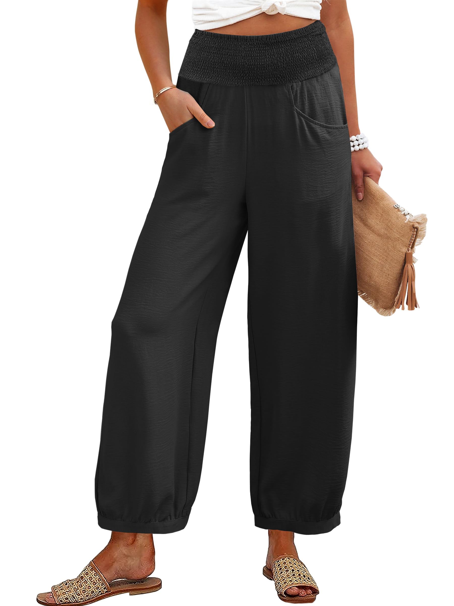 Caracilia Women Wide Leg Palazzo Pants 2025 Summer Casual High Waist Flowy Loose Boho Beach Vacation Lantern Pants