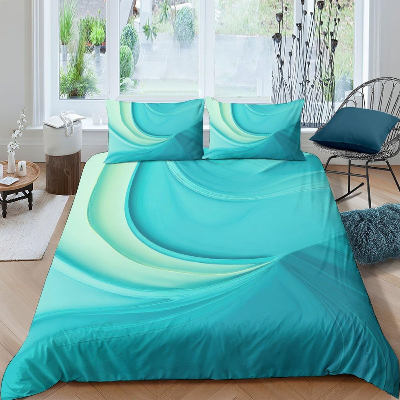 Ctjqhvkz Style-1 3D Printed Ocean Wave Fitted Sheet Microfiber Soft Teal Swirl Bed Cover For Bedroom Dorm Mattress Protection Single（135X200cm）