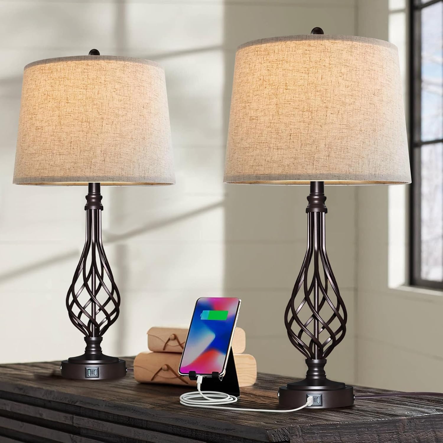 DF Traditional Rustic Farmhouse Table Lamps 28.5" Tall Full Size Set of 2 with Dual USB Charging